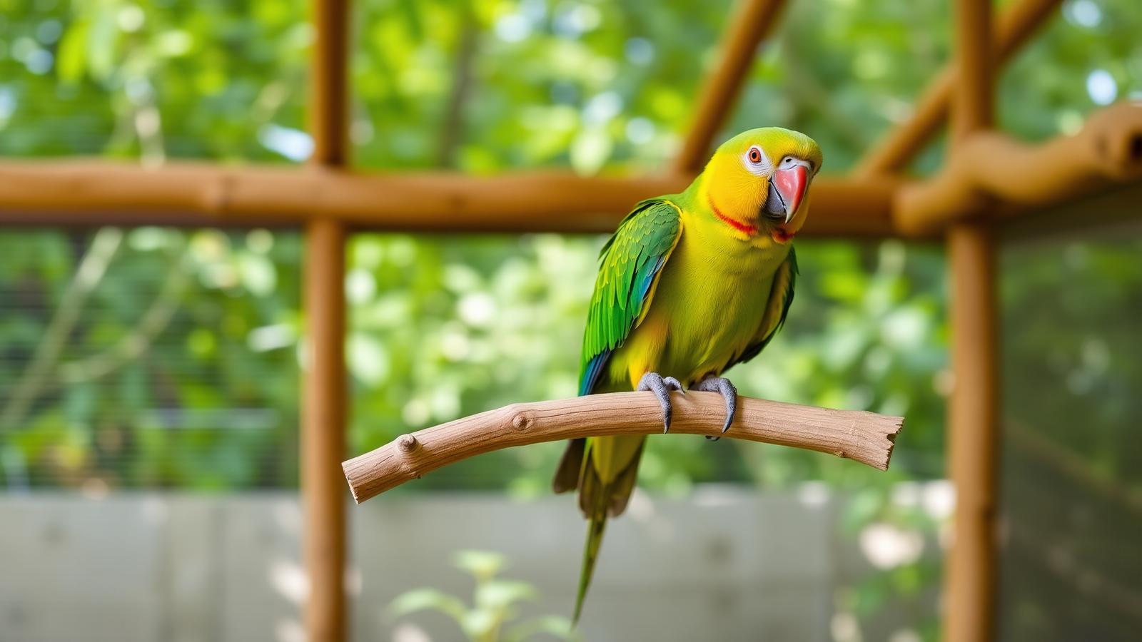 Kleurrijke papegaai in de buitenvolière van kwekerij Strijdveen